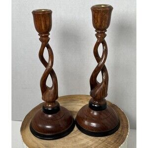 Pair Of Vintage Carved Wood Barley Twist Multi Tone Candlesticks 12”